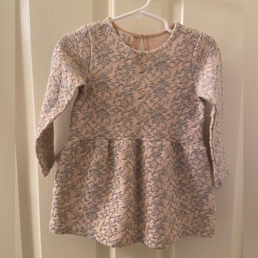 Zara Baby Girl Pink Silver Metallic Jacquard Dress Long Sleeved Size 2-3 years